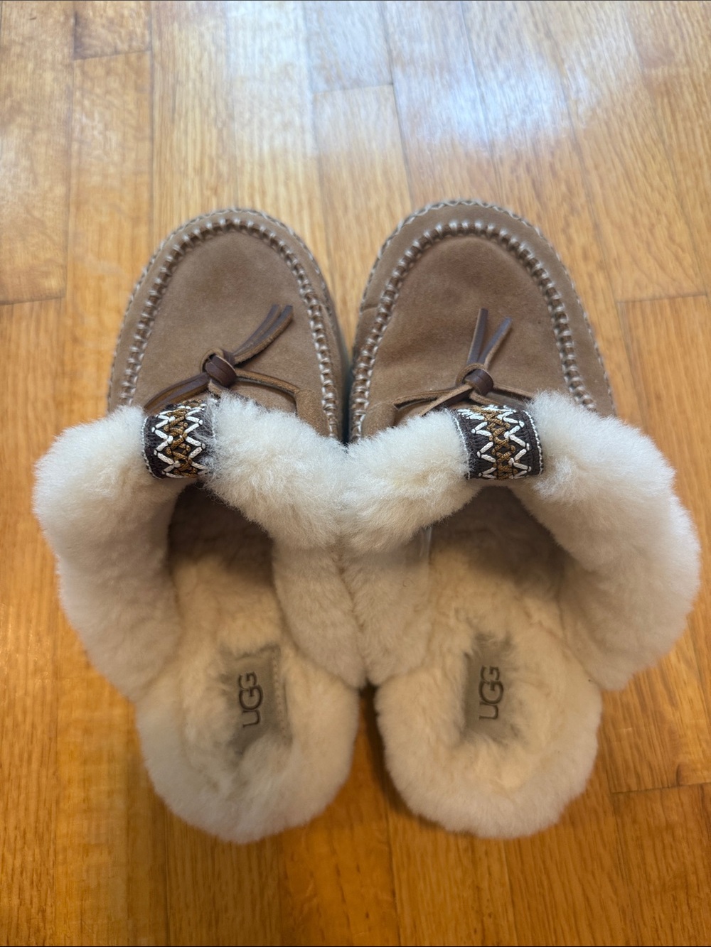 UGG Chestnut Suede Moccasin Slippers with Shearling Trim